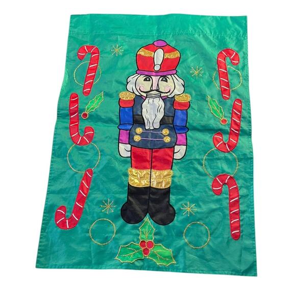 Vtg Applique Christmas Holiday Yard Flag Double Sided Nutcracker Candy Cane - Picture 1 of 10